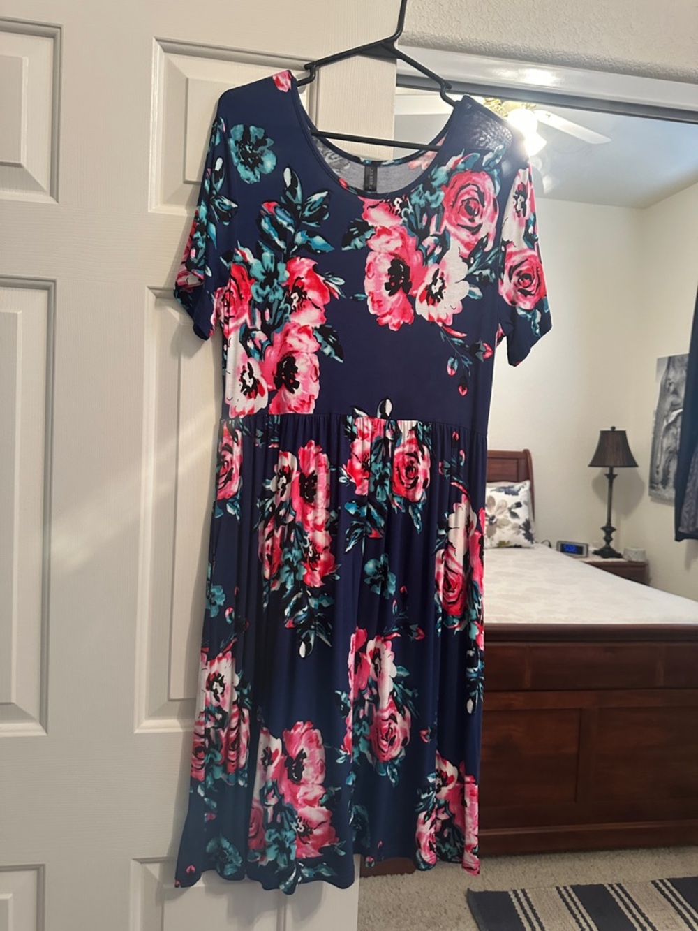 Navy Floral Short-Sleeve Midi Dress